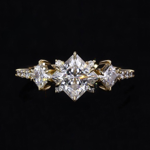 Three Stone Engagement Ring, Pretty Princess Cut Moissanite Anniversary Ring, Art Deco 6 Claw Prong Cluster Set Designer Bridal Promise Ring