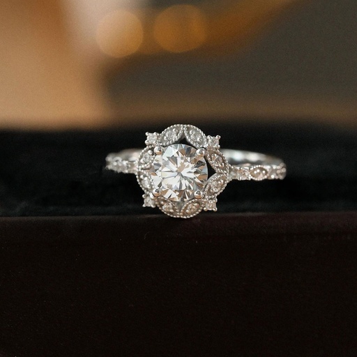 Vintage ring / antique halo moissanite ring / solid gold wedding ring / art deco promise ring / vintage sunflower promise ring / custom ring