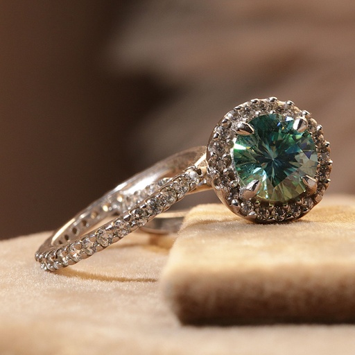 Blue Round Cut Diamond Halo With Accents Bridal Set Wedding Ring for Her/Women