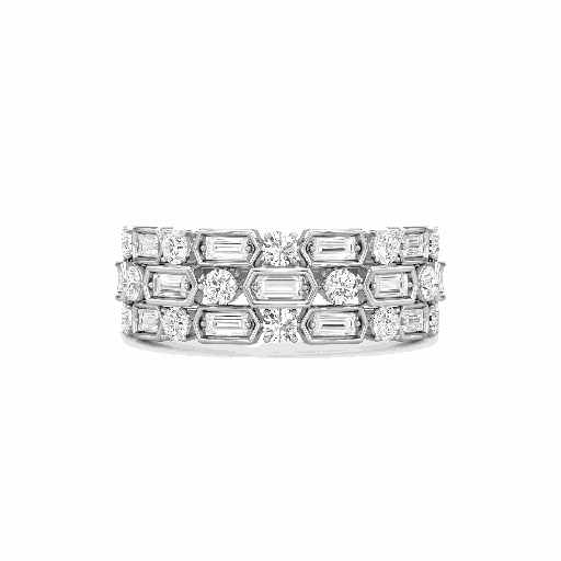 Round And Baguette Cut Diamond Half Eternity 3 Row Engagement Ring For Women