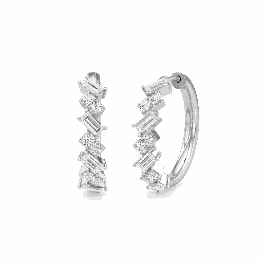 Round And Baguette Cut Diamond Hoop Earring For Women