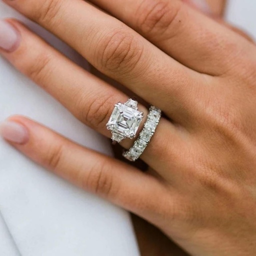  Asscher Cut Moissanite Engagement Ring, Trapezoid Moissanite Three Stone Wedding Ring, Anniversary Ring, Bridal Ring for Her