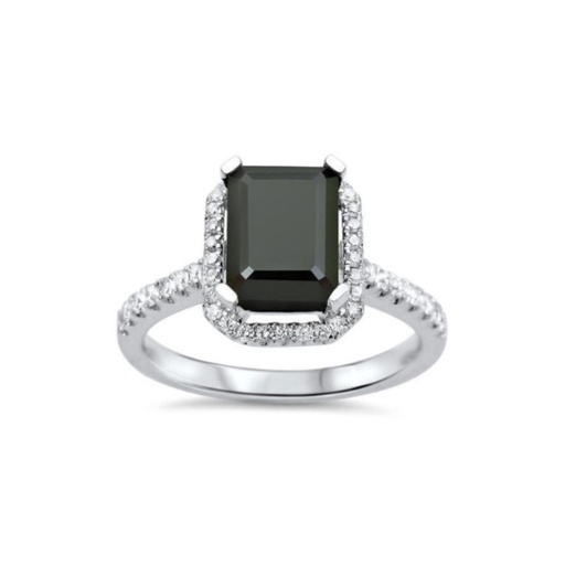 Emerald Cut Diamond Halo Prong Set Black And White Diamond Ring For Women