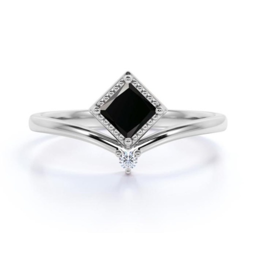 Princess and Round Cut Prong Setting Black And White  Diamond Unique Style Ring for Women