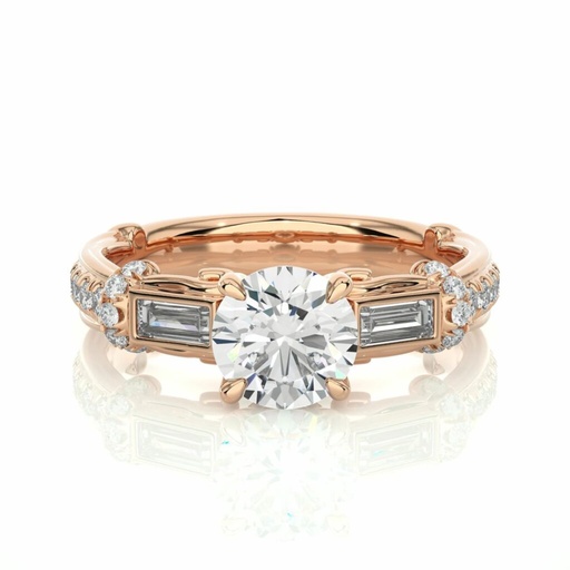 Round And baguette Cut Prong Setting Diamond Ring In Yellow Gold