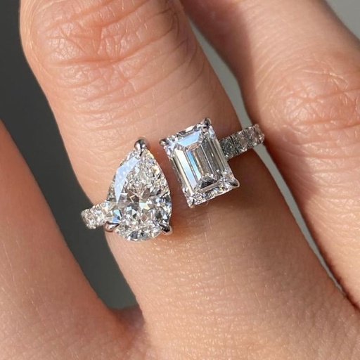 3.09TCW Pear And Emerald Two Stone Design VVS Moissanite Engagement Ring10K 14K 18K Solid Gold