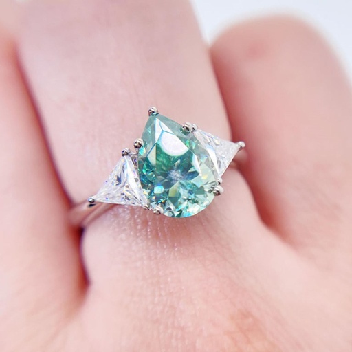 White Gold Three Stone Design Pear Cut Blue Moissanite Ring For Women