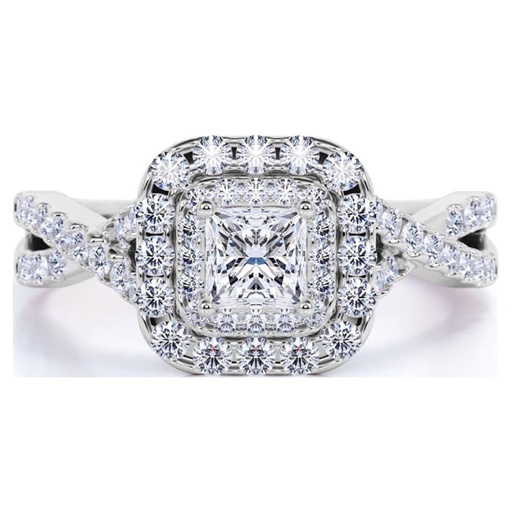  Elegant 1 Carat - Square Cut Moissanite - Twisted Band - Pave - Double Halo Engagement Ring - 18K White Gold over Silver