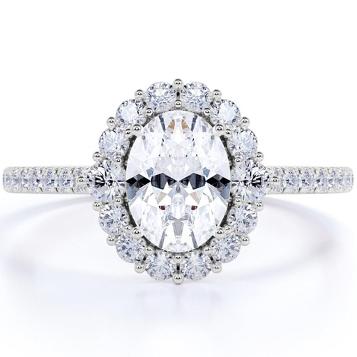 Oval Moissanite Split Shank Halo Engagement Ring in 18k White Gold over Silver