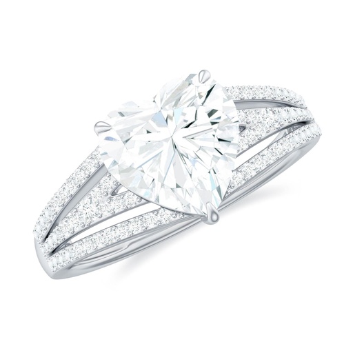 Heart Shape  Engagement Ring - Designer Split Shank Ring, 925 Sterling Silver, US 4.00